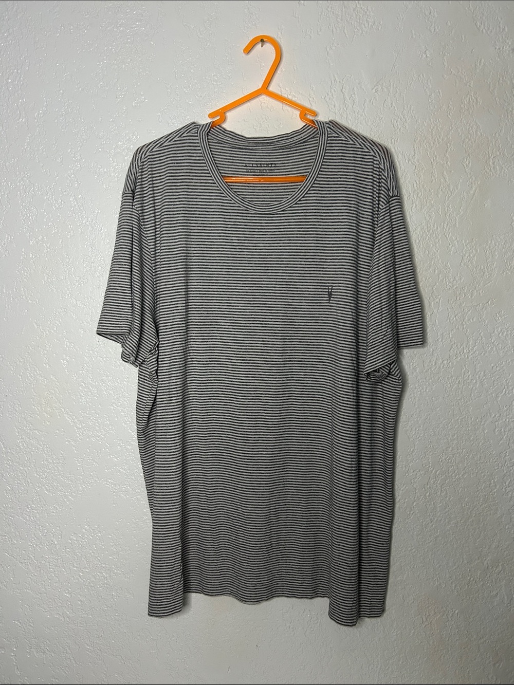AllSaints Grey and White Striped Short Sleeve Tee